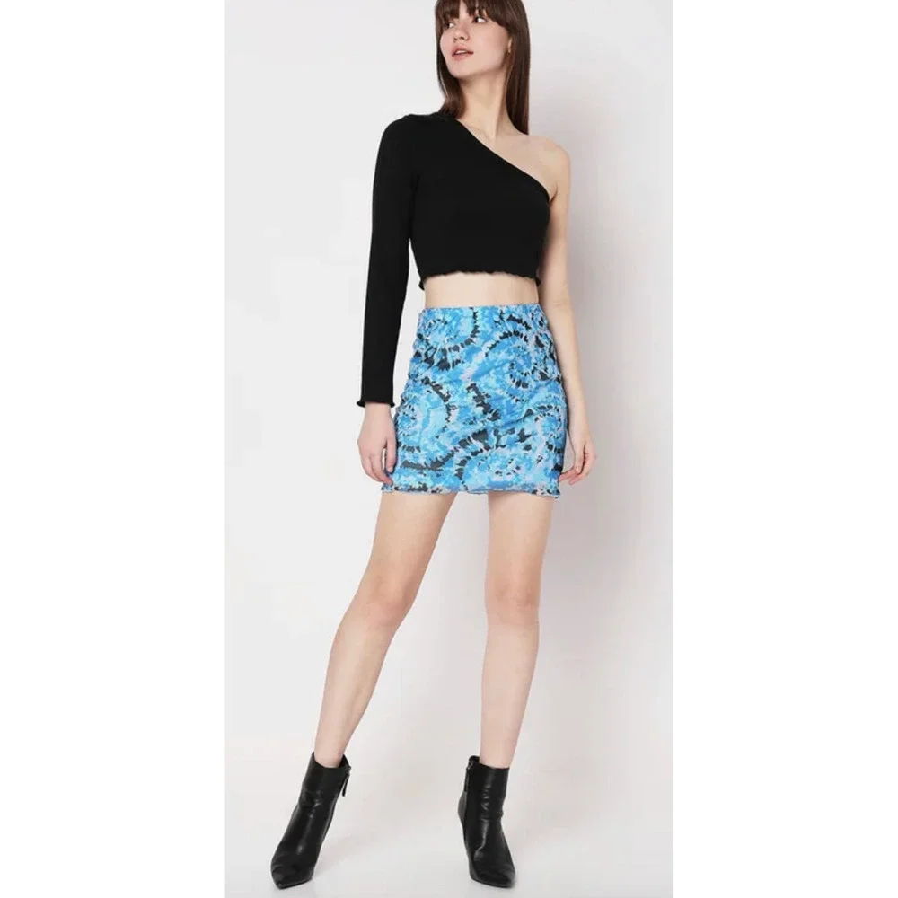 Something New Skirt Small Blue Serena Mesh Mini Malibu Swirl High Waist Retro